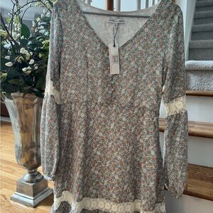 Cupcakes and Cashmere Spring Floral Dress  Long Sleeve Dress with Lace Accents